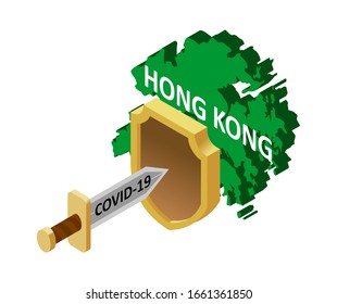 protection of Hong Kong against coronavirus COVID-19. A coronavirus in the form of a sword attacks the country of Hong Kong, protected by a shield. Vector isometric land of Hong Kong, shield, sword.