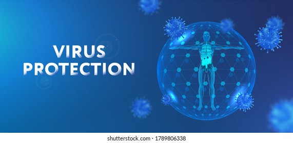 Protection of the human body from viruses with bubble shield virus. Modern illustration high immunity and an invisible antiviral shield around a person. 3D virus bacteria and person. Healthcare poster