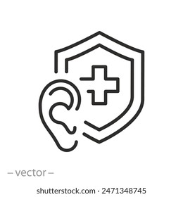 protection human ear icon, medical shield with ear, protect your hearing, thin line symbol on white background - editable stroke vector illustration