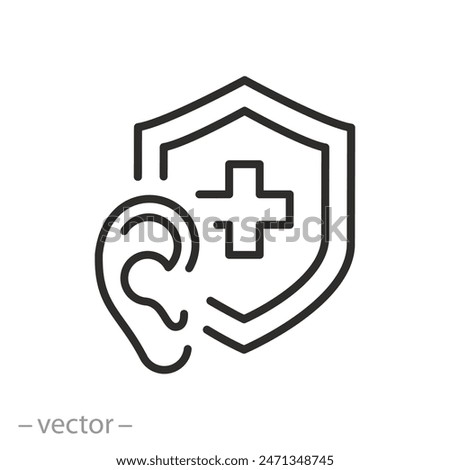 protection human ear icon, medical shield with ear, protect your hearing, thin line symbol on white background - editable stroke vector illustration