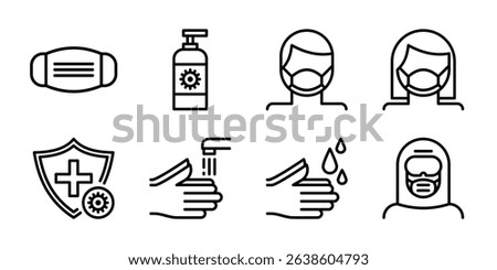 Protection and Hygiene Icon Set. Ideal for public health campaigns, safety guidelines, and wellness apps covering masks, sanitizing, hand washing, and protective wear.
