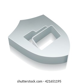 Protection icon: 3d metallic Folder With Shield with reflection on White background, EPS 10 vector illustration.