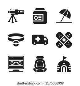 protection icon. 9 protection vector icons set. ambulance, collar and machine gun icons for web and design about protection theme
