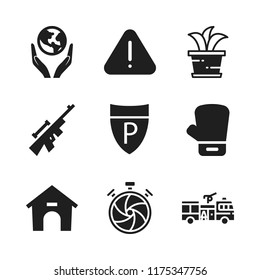 protection icon. 9 protection vector icons set. fire truck, boxing glove and shutter icons for web and design about protection theme