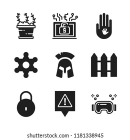 protection icon. 9 protection vector icons set. lock, hack and child hand on adult hand icons for web and design about protection theme