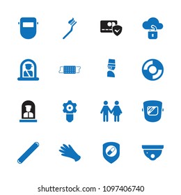 Protection icon. collection of 16 protection filled icons such as airport officer, gloves, security camera, welder mask, family. editable protection icons for web and mobile.
