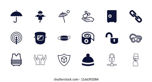 Protection icon. collection of 18 protection filled and outline icons such as winter hat, bandage, medical mask, lock. editable protection icons for web and mobile.