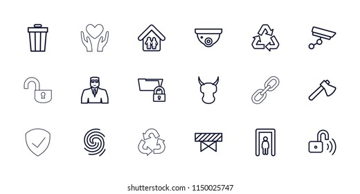 Protection icon. collection of 18 protection outline icons such as metal gate detector, barrier, security camera, security guy. editable protection icons for web and mobile.