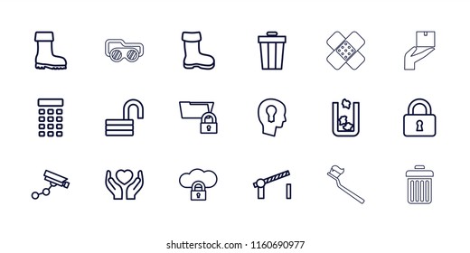 Protection icon. collection of 18 protection outline icons such as boot, trash bin, security camera, opened lock, lock. editable protection icons for web and mobile.