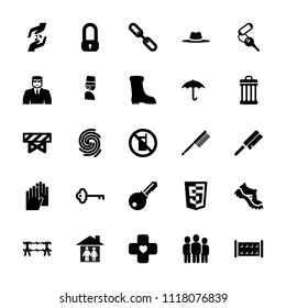 Protection icon. collection of 25 protection filled icons such as fence, no phone, barrier, security guy, key, toothbrush, boot. editable protection icons for web and mobile.