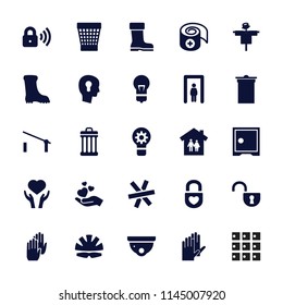Protection icon. collection of 25 protection filled icons such as scarecrow, barrier, metal gate detector, security camera. editable protection icons for web and mobile.
