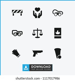 Protection icon. collection of 9 protection filled icons such as trash bin, welding glasses, gun, scales, barrier, gloves. editable protection icons for web and mobile.