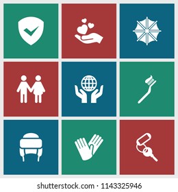 Protection icon. collection of 9 protection filled icons such as key, winter hat, gloves, family, hand holding heart, umbrella. editable protection icons for web and mobile.