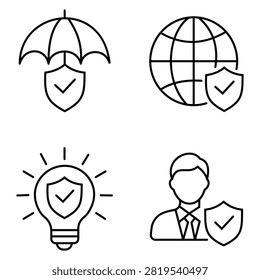 Protection icon collection featuring secure umbrella global shield protected idea and verified businessman symbols isolated outline vector illustration for privacy insurance business and cybersecurity concepts