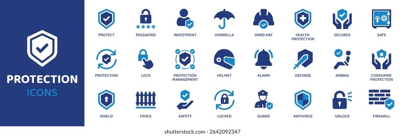 Protection - Icon Collection. Thin Line Set contains such Icons as Shield, Lock, Guard, Secure, Helmet, Barrier, Alarm and more. Simple web icons set.