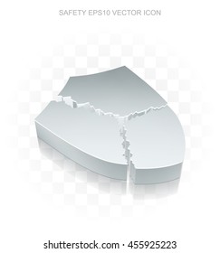 Protection icon: Flat metallic 3d Broken Shield, transparent shadow on light background, EPS 10 vector illustration.