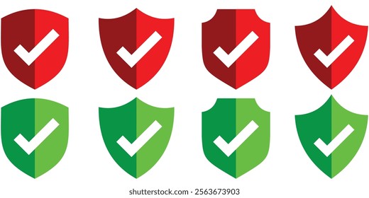 Protection icon. green shield checkmark red shield cross. Green and red shield checkmark, cross, approved, rejected, yes, no. Set of red and green crosses and checkmarks. Shield icons. design eps 10