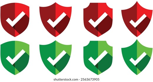 Protection icon. green shield checkmark red shield cross. Green and red shield checkmark, cross, approved, rejected, yes, no. Set of red and green crosses and checkmarks. Shield icons. design eps 10
