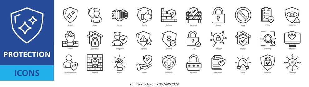 Protection icon pack collection set with shield, guard, armor, safety, defense, barricade, secure, block, policy, vigilance, fortify, lockdown, safeguard, sentinel, custody, lock, encrypt