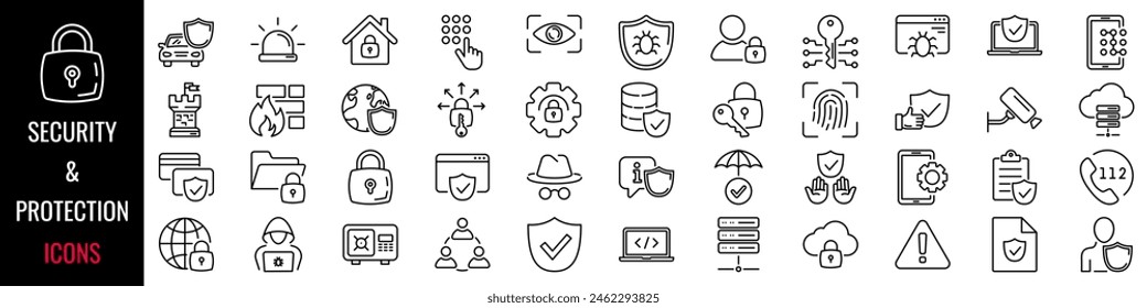 Icono de protección. Conjunto de iconos de seguridad. Estilo lineal. Ilustración vectorial.