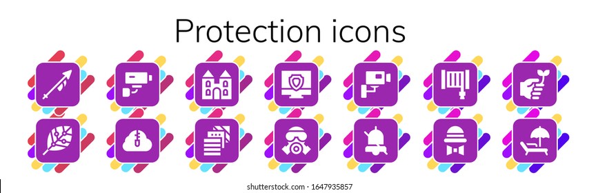 protection icon set. 14 filled protection icons.  Simple modern icons such as: Lance, Renewable energy, Security camera, Zip cloud, Castle, Fabric, Antivirus, Gas mask, Cctv, Alarm
