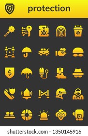protection icon set. 26 filled protection icons.  Collection Of - Weapon, Shield, Electronic key, Malware, Fingerprint, Recycling, Community, Umbrella, Damage, Give love, Goggles