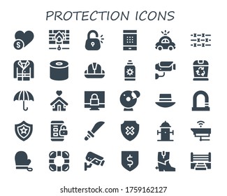 protection icon set. 30 filled protection icons. Included Charity, Firewall, Lock, Password, Police car, Barbed wire, Coat, Tissue, Helmet, Sun cream, Surveillance, Trash icons