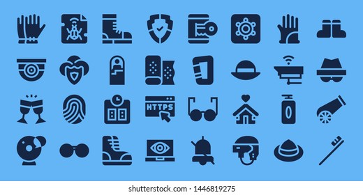 protection icon set. 32 filled protection icons. on blue background style Collection Of - Gloves, Surveillance, Glasses, Cam, Malware, Shield, Fingerprint, Sunglasses, Boots, Sleeping bag