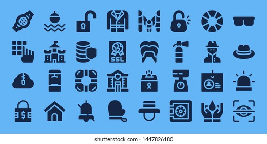 protection icon set. 32 filled protection icons. on blue background style Collection Of - Belt, Password, Zip cloud, Padlock, Float, Castle, Locker, Dog house, Unlock, Database