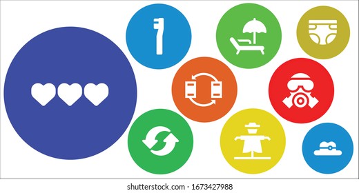 protection icon set. 9 filled protection icons. Included Life, Toothbrush, Sunbed, Recycle, Scarecrow, Transfer, Gas mask, Diaper, Hat icons