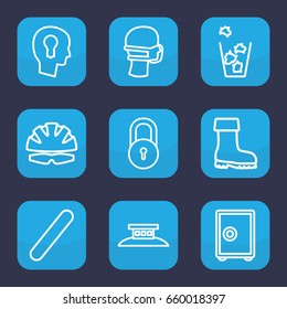 Protection icon. set of 9 outline protection icons such as lock, trash bin, boot, medical mask, bandage, keyhole in head, wire fence, helmet