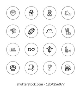 Protection icon set. collection of 16 outline protection icons with bandage, boot, boots, burglar, database, eyeglasses, hat, helmet, judge, key, scarecrow, safari icons.