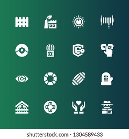 protection icon set. Collection of 16 filled protection icons included Hacker, Give love, Controls, Flood, Mitten, Masks, Lifesaver, Eye scan, Eye glasses, Security, Virus, Shield