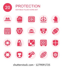 protection icon set. Collection of 20 filled protection icons included Hat, Gloves, Safe, Justice, Evidence, Headgear, Cctv, Bandage, Lifeguard, Padlock, Scale, Safebox, Firewall