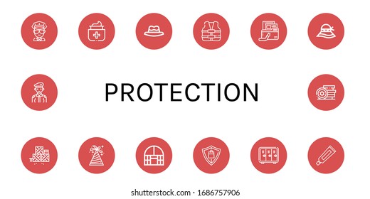 conjunto de iconos de protección. Colección de iconos Cop, Antiséptico, Hat, chaleco salvavidas, Virus, Defensa, invernadero de Domo, Protección, Locker, Dotíptico, Soldado, Tokens