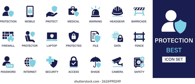 Protection icon set collection. Mobile, protect, medical, warning, headgear, protector, laptop, file, data, fence and best solid icon set.