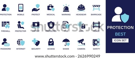 Protection icon set collection. Mobile, protect, medical, warning, headgear, protector, laptop, file, data, fence and best solid icon set.
