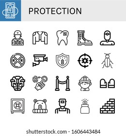 protection icon set. Collection of Security, Soldier, Coat, Broken tooth, Boot, Dentist, Railroad crossing, Cctv, Protection, Anti bug, Beetle, Hockey helmet, Fingerprint icons