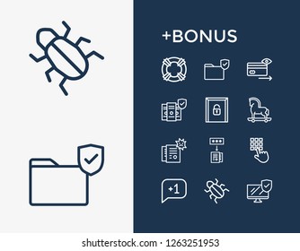 Protection icon set and computer with infected files, lifesaver and trojan. Archive related protection icon vector for web UI logo design.