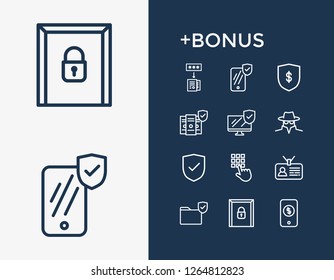Protection icon set and computer with user badge, data encryption and defense. Safe related protection icon vector for web UI logo design.