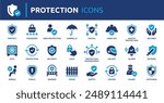 Protection icon set. Containing safe, shield, lock, security, alarm, umbrella, guard, fence and more. Solid vector icons collection.