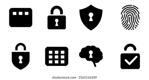 Protection icon set. Containing safe, shield, lock, security. Solid vector icons collection.