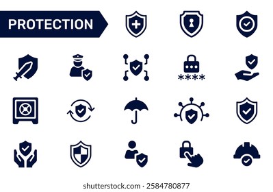 Protection icon set. Containing safe, shield, lock, security, alarm, umbrella, guard, fence and more. Solid vector icons collection.