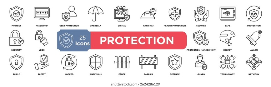 Ícone de proteção definido. Contendo cofre, escudo, fechadura, segurança, alarme, guarda-chuva, guarda, cerca e muito mais. Coleção de ícones de vetor sólido.