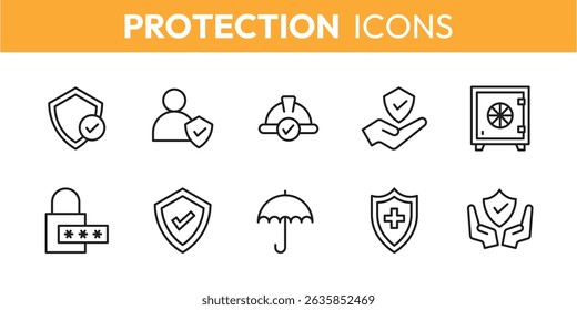 Conjunto de ícones de proteção, contendo cofre, escudo, bloqueio, guarda-chuva, guarda e mais coleção de ícones de vetor isolados no fundo branco