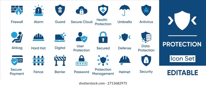 Conjunto de iconos de protección. Contiene caja fuerte, escudo, cerradura, seguridad, alarma, paraguas, guardia, cerca y más. Colección de iconos de vectores sólidos.