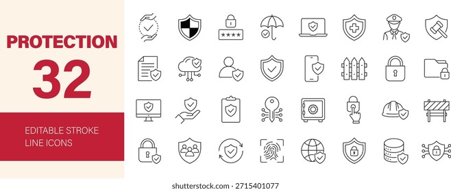 Protection icon set. Containing safe, shield, lock, security, guard, fence, password and more. Editable line icons. Vector illustration.