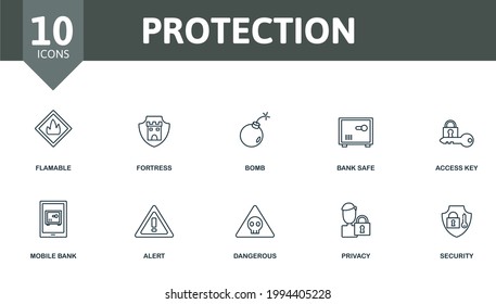 Protection icon set. Contains editable icons security theme such as flamable, bomb, access key and more.
