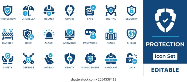 Protection Icon Set. Features editable icons for security symbols, safety, defense, privacy, antivirus, and more. Perfect for cybersecurity, IT, and security-related designs.