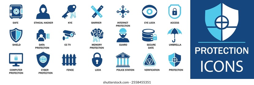 Protection icon set. Featuring detailed illustrations of safe, shield, lock, security, umbrella, guard, fence and more. Cohesive set of scalable vector icons.